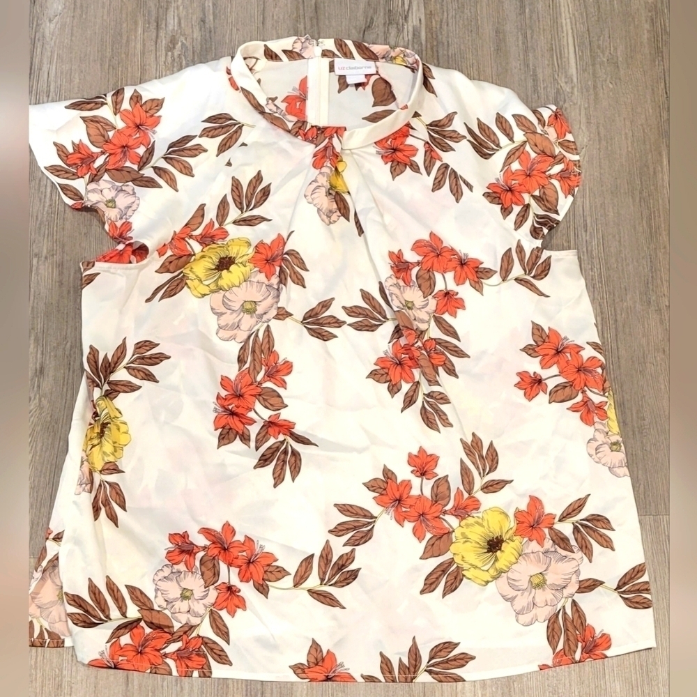 Liz Claiborne Women's Blouse, Size L, White/Orange/Yellow Floral